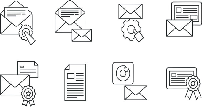 Email marketing and business correspondence line icons set containing digital certificate envelope notification newsletter and electronic document messaging elements