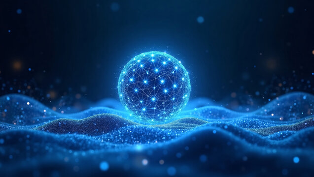 Blue glowing wireframe digital globe on wavy particle waves, dark tech bokeh background