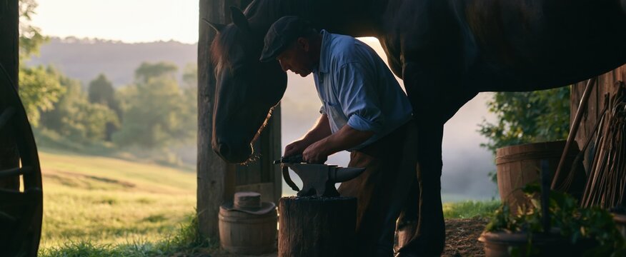 A blacksmith outdoors carefully attaching a horseshoe to a horse's hoof near rustic farming equipment and green fields.