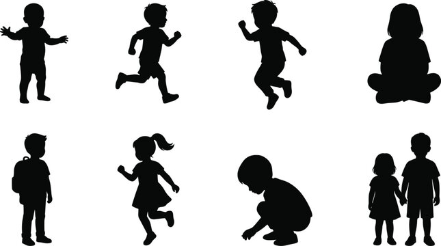 Set of kids silhouettes running jumping sitting playing and walking isolated on white background