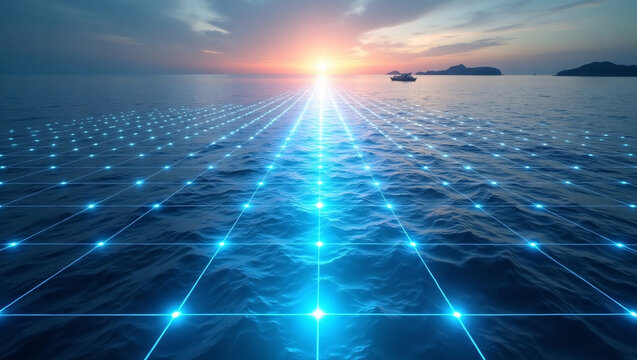 Ocean sunset scene with glowing blue digital grid overlay, distant ship and islands