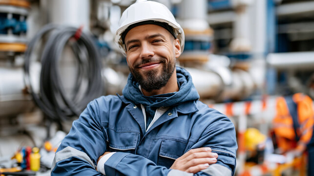Confident industrial foreman in a white hard hat and blue safety uniform at an infrastructure worksite with pipes, cables, tools and organized safety barriers, coordinating teamwork,