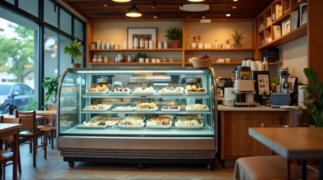 A bakery interior with a glass display case filled with pastries and tables by the window
