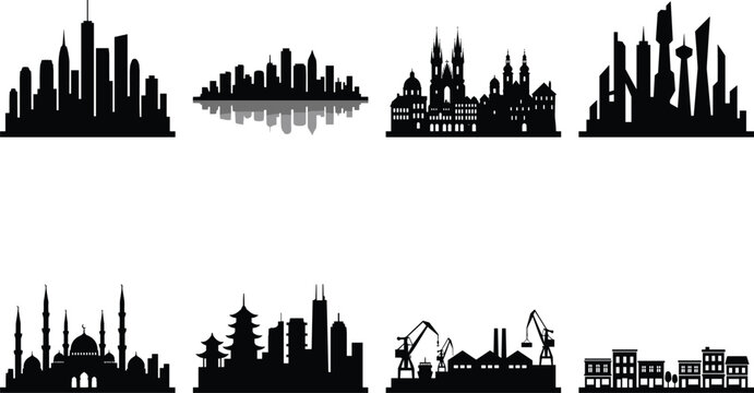 Silhouettes of diverse city skylines featuring modern, historic, industrial, and cultural architectural styles