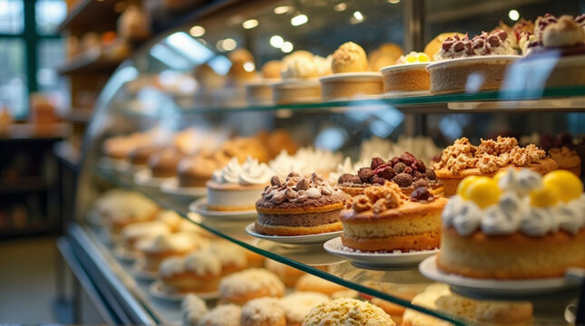 Variety of decorated donuts and pastries arranged in a bakery display case with soft lighting