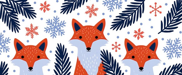 Fototapeta premium Charming winter illustrations featuring foxes, fir branches, and snowflakes for festive holiday cards and promotions.
