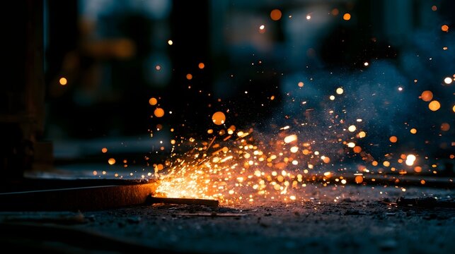 Intense welding sparks flying brightly against an industrial background creating a dynamic scene of intense heat and metalwork
