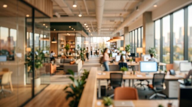Blurry image of a modern office space with people working at desks and sitting in a lounge area with large windows and plants