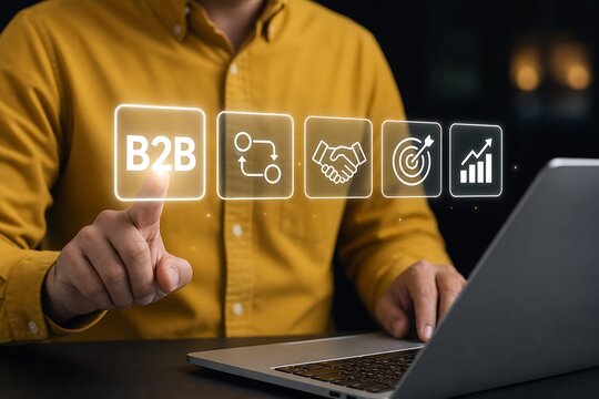 Business professional selecting b2b marketing icons on laptop with digital interface elements
