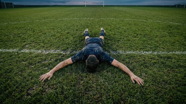Exhausted soccer player lying face down on muddy field after game
