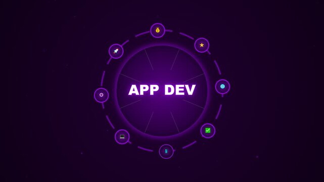 App dev circular interface with digital icons and glowing purple background for software design