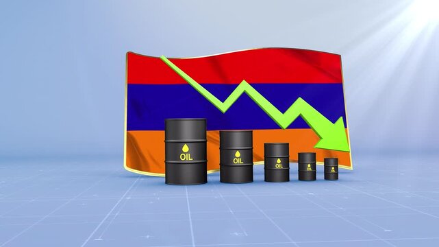 Armenia Crude Oil Price Drop with Oil Barrels Downward Green Arrow and 3D Financial Data Visualization Graphs for Economy and Business Concept