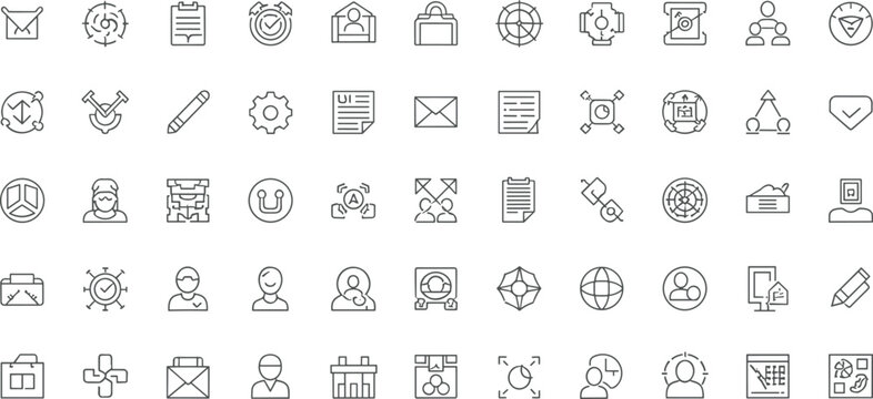  Corporate tech business workflow management line icon set featuring minimal user network web application mobile UI interface design