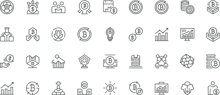 Cryptocurrency and digital banking blockchain line icons set for fintech application financial technology website dashboard design element
