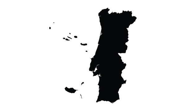 Portugal map, black silhouette, vector illustration, white background, European country outline, Azores and Madeira islands, solid shape, isolated graphic design