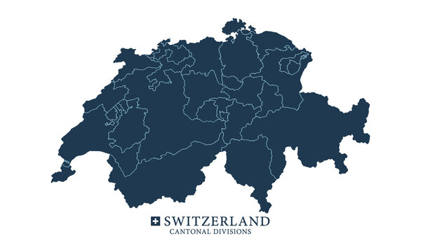 Detailed vector map of Switzerland showing cantonal divisions, dark blue silhouette on white background, ideal for education and business presentations.