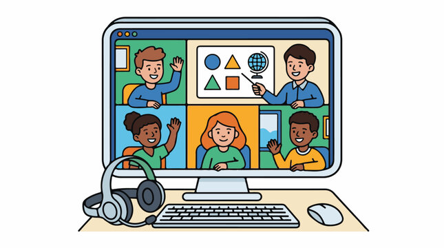 Cartoon illustration of people on computer screen waving