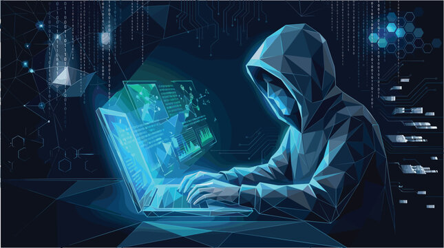 Abstract cyber hacker in hoodie typing on laptop low poly technology background cybersecurity and data network crime vector illustration