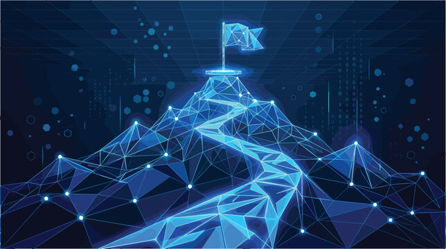 Abstract futuristic digital path leading to mountain peak with flag low poly wireframe technology background achievement business success concept vector