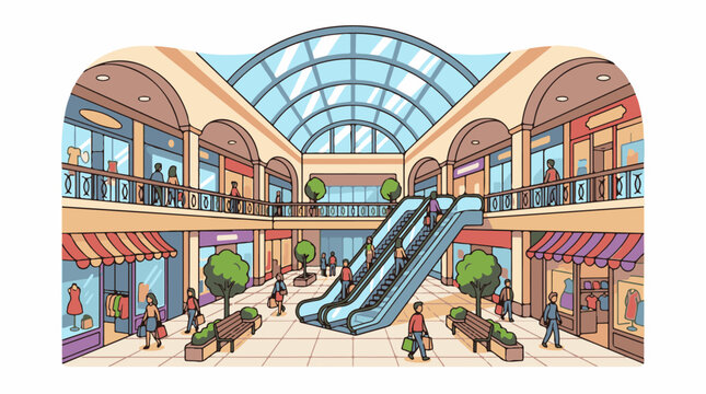 A vibrant shopping mall interior with a large glass dome and escalators