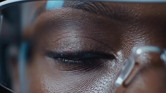 Reality of eye recognition in technology with woman concept. Close up of futuristic eye scan biometric identification technology with digital interface and glowing light
