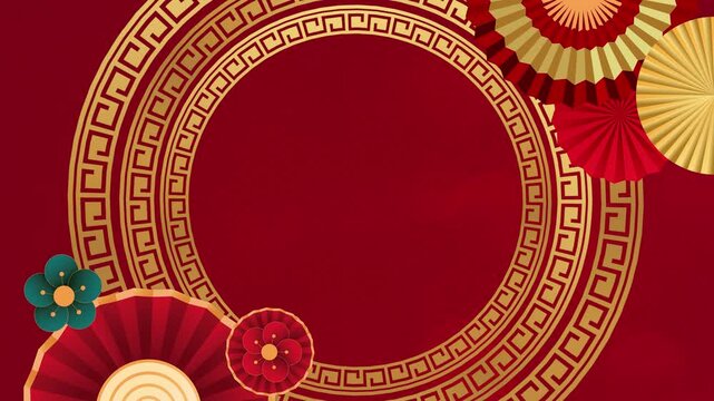 Chinese New Year red background with empty space for text and oriental-style decorations. Background template for Chinese New Year. Red and gold frame. Looping