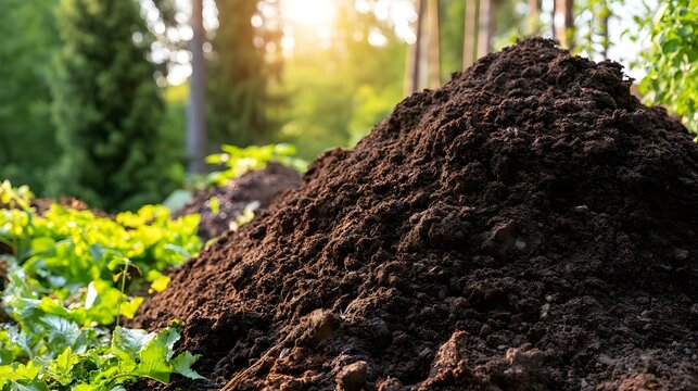 A harmonious compost heap richly filled with dark soil bathed in bright sunlight and vibrant greenery