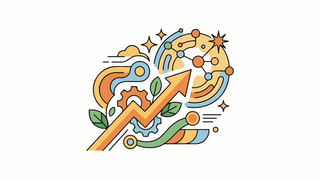 A colorful abstract illustration of a growing arrow surrounded by swirling lines, gears, leaves, stars, and a molecular structure