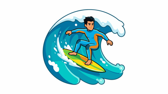 A man in a wetsuit rides a yellow-green surfboard on a large blue wave
