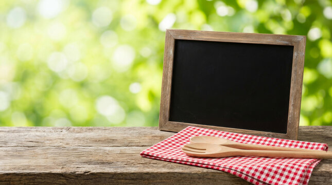 Picnic blanket layout rustic wooden table outdoor chalkboard summer background invitation. summer leisure park. background fabric display, material textile nature, simple design surface