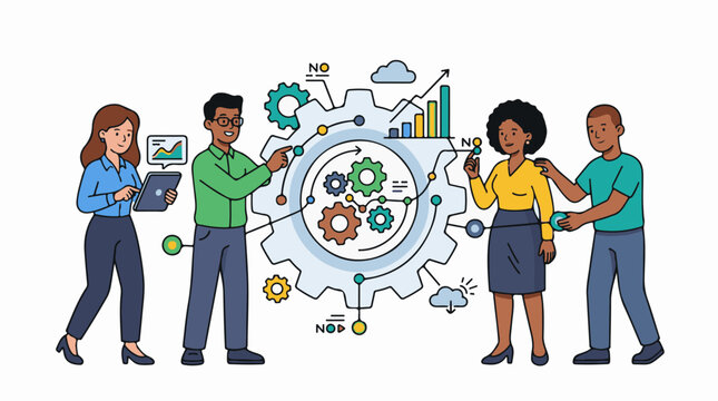Four diverse coworkers collaborate on a gear-based infographic