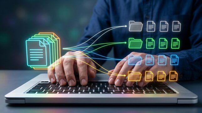 Document classification. Document management system DMS, file organization, folder structure, digital filing, business document control