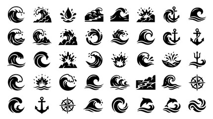 Fototapeta premium Minimal Ocean Wave and Rock Impact Icons Black Water Splash Vector Collection