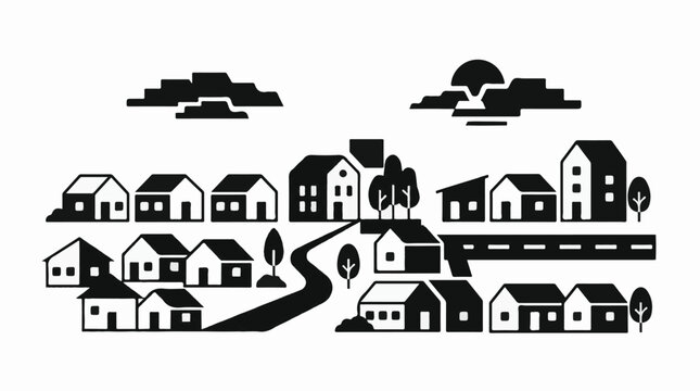 A stylized black and white illustration of a small town with houses and trees