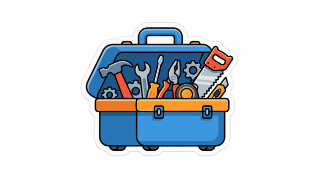 A blue toolbox with orange accents and various tools inside