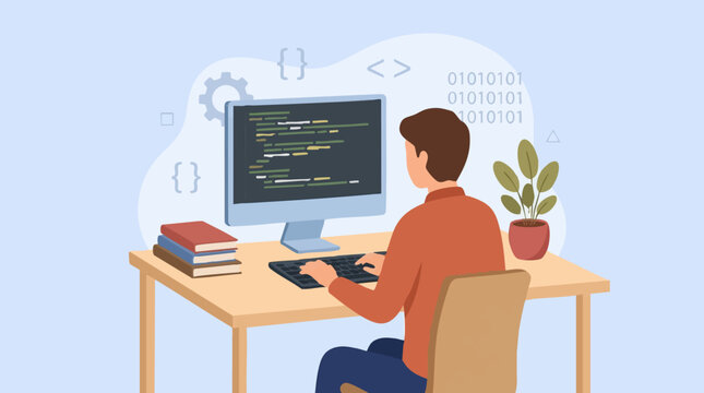 Developer coding on a desktop computer with programming symbols