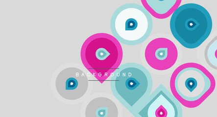 Naklejka premium Abstract circles, squares, teardrops overlap. Soft pinks, blues dominate gray backdrop. Modern design, simple shapes create visual interest.