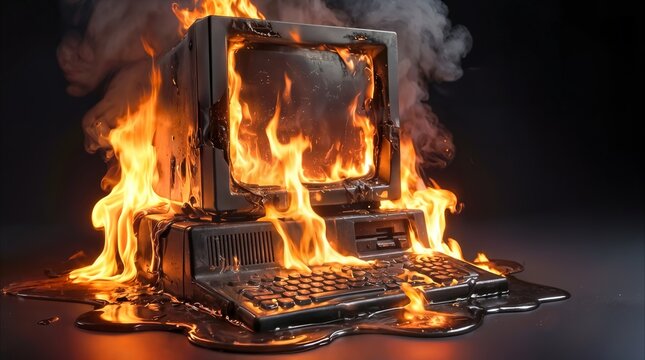 Vintage personal computer engulfed in flames and thick smoke. Retro workstation melting due to severe hardware failure and electrical fire.