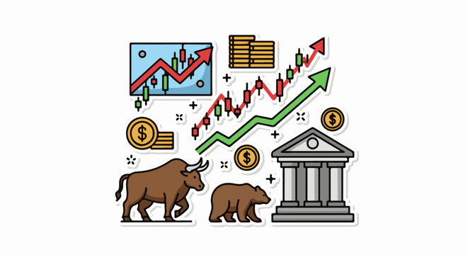 A colorful illustration of stock market and financial elements