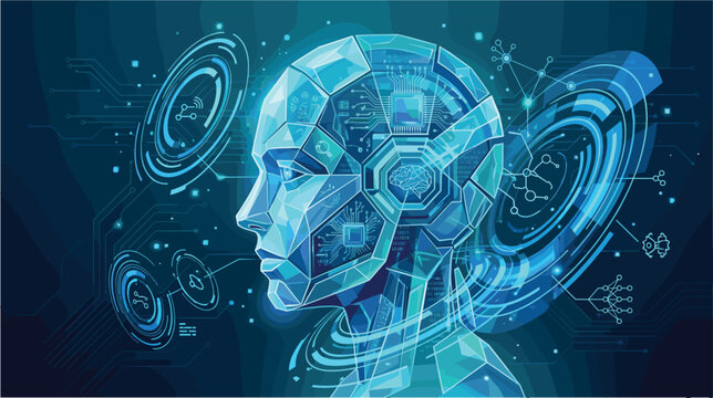 Artificial intelligence AI robot head profile with digital circuit data networks neural network and futuristic interface vector background