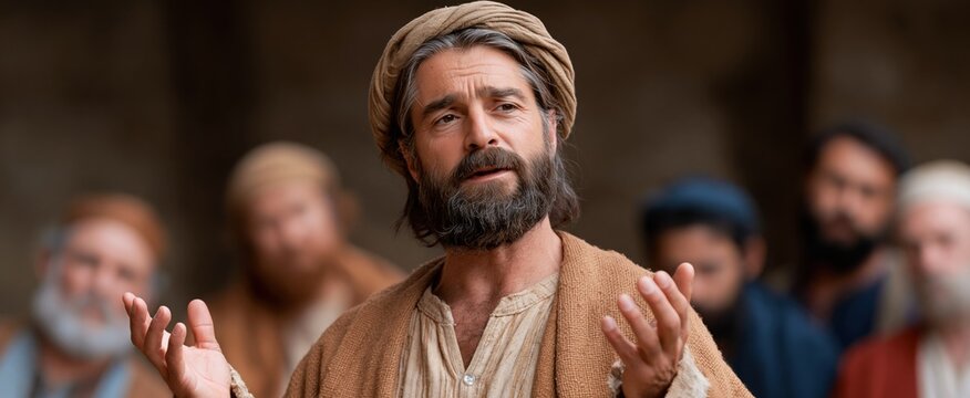 An early Christian figure preaching fervently to engaged men in a historic synagogue, highlighting a key biblical teaching moment.
