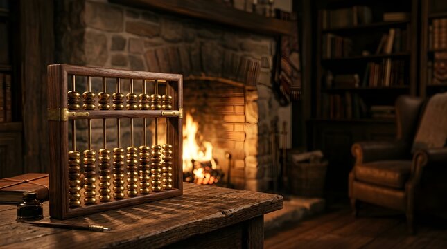 Vintage wooden abacus on a rustic desk by a cozy library fireplace