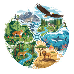 Naklejka premium A diverse illustration of animals including a tiger, lion, eagle, shark, and snow leopard in their natural habitats around the globe.