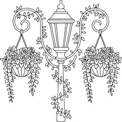 Naklejka premium Vintage Floral Street Lamp with Hanging Flower Baskets, Coloring Page Line Art Vector Illustration
