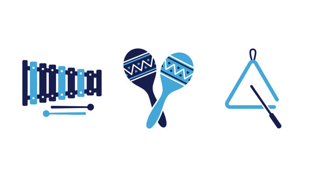 Percussion Instruments Vector Set with Blue Xylophone Maracas and Triangle Isolated on White Background