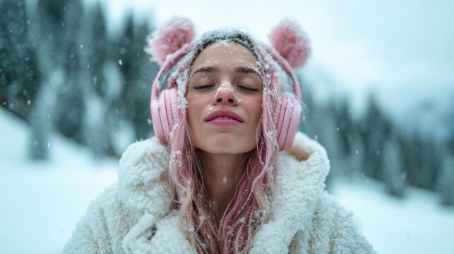 A young woman with pink hair and earmuffs enjoys the snowfall, embodying a sense of peace and joy while being immersed in a winter wonderland.