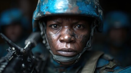 Fototapeta premium A close-up portrait of a determined soldier wearing combat gear, showcasing emotions of strength, resilience, and courage in challenging situations.