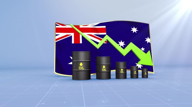Australia Crude Oil Price Drop with Oil Barrels Downward Green Arrow and 3D Financial Data Visualization Graphs for Economy and Business Concept