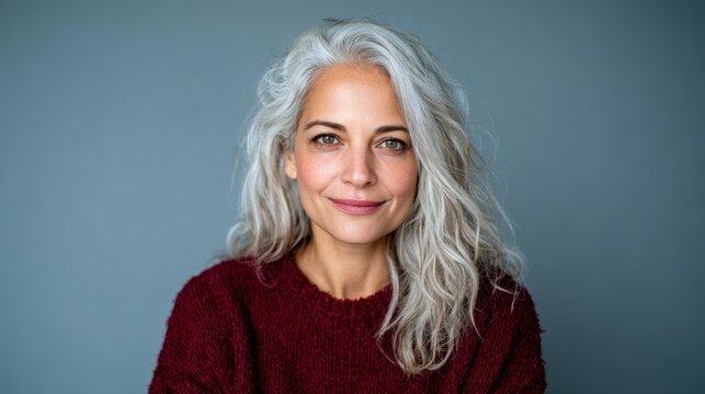 A poised and confident woman with beautiful silver hair, smiling warmly against a muted background, celebrating elegance and the beauty of aging gracefully in life.