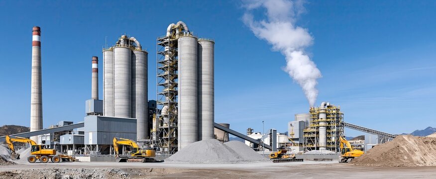 Cement factory featuring large silos and smokestacks, set against a bright blue sky with industrial equipment nearby.